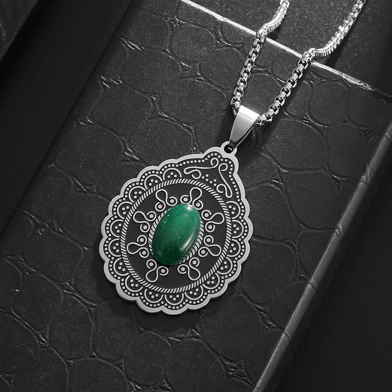 Retro Styl Boho Owalny Kwiatowy Naturalny Kamień Stal Nierdzewna Wisiorek Naszyjnik Damska Moda Elegancka Biżuteria Świąteczna Prezent