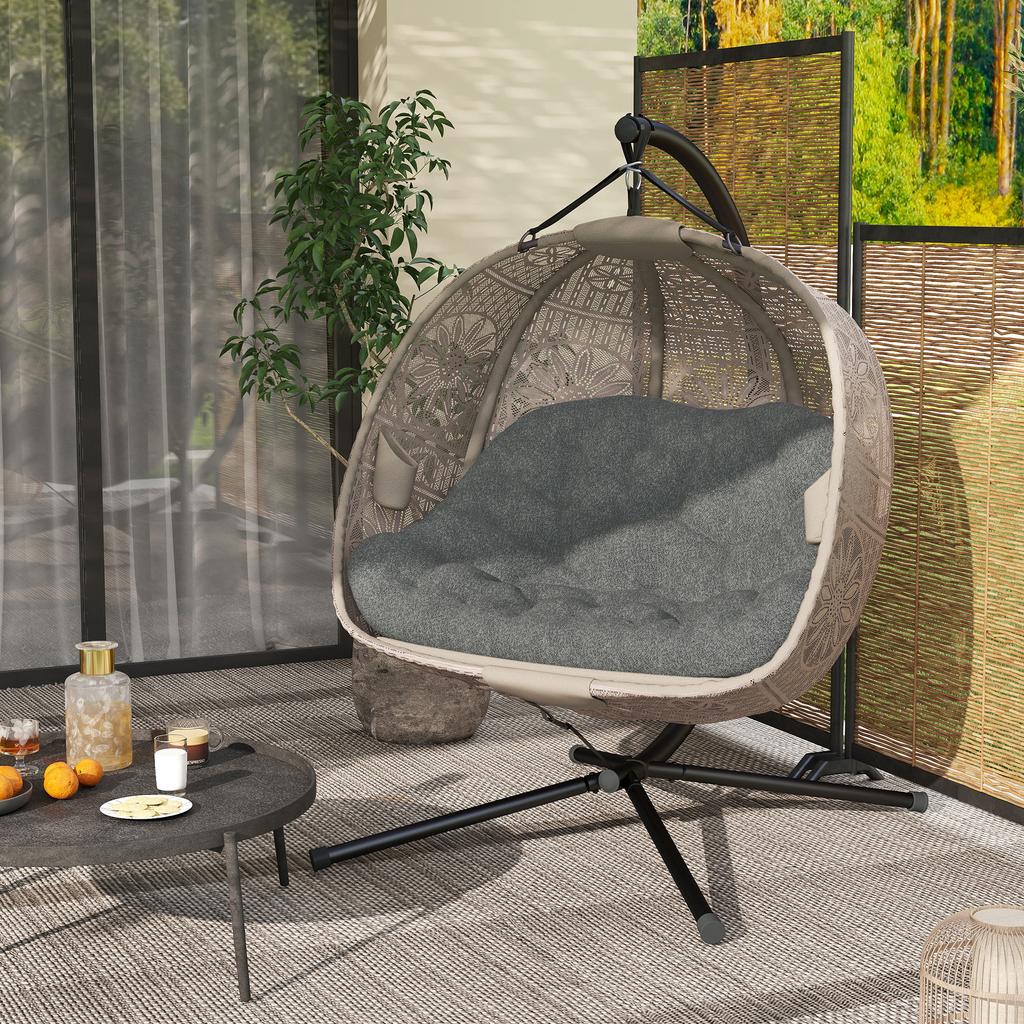 Hanging Chair with Stand, Egg-Shaped Hanging Swing with Removable Washable Cushion, Hammock for 2 People, Swing Chair Indoor Outdoor, Sand+Black
