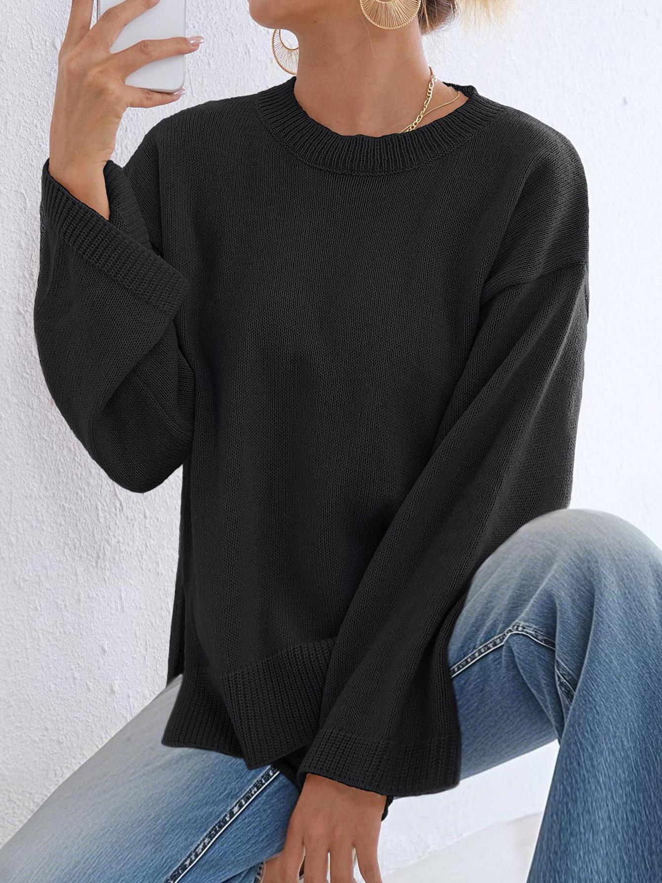 

Свободный и удобный повседневный однотонный топ с расклешенными рукавами и длинным рукавом, свитер-пуловер с круглым вырезом для женщин S чёрный