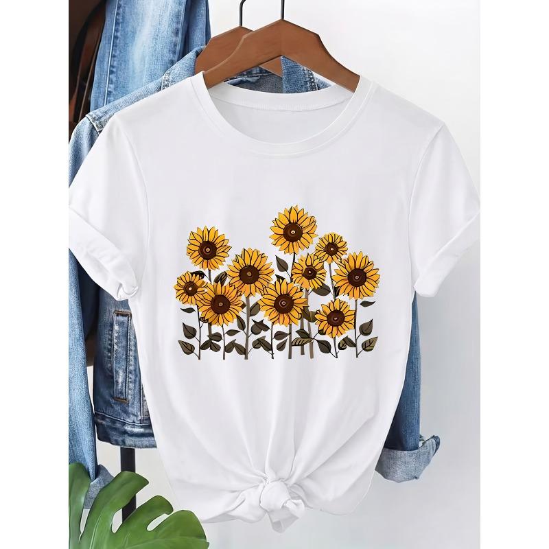 Women S Clothing with a Round Neck And Short Sleeves, Surrounded by Sunflowers, Under Bright Sunshine, Full of Vitality. A Printed T-Shirt S белый