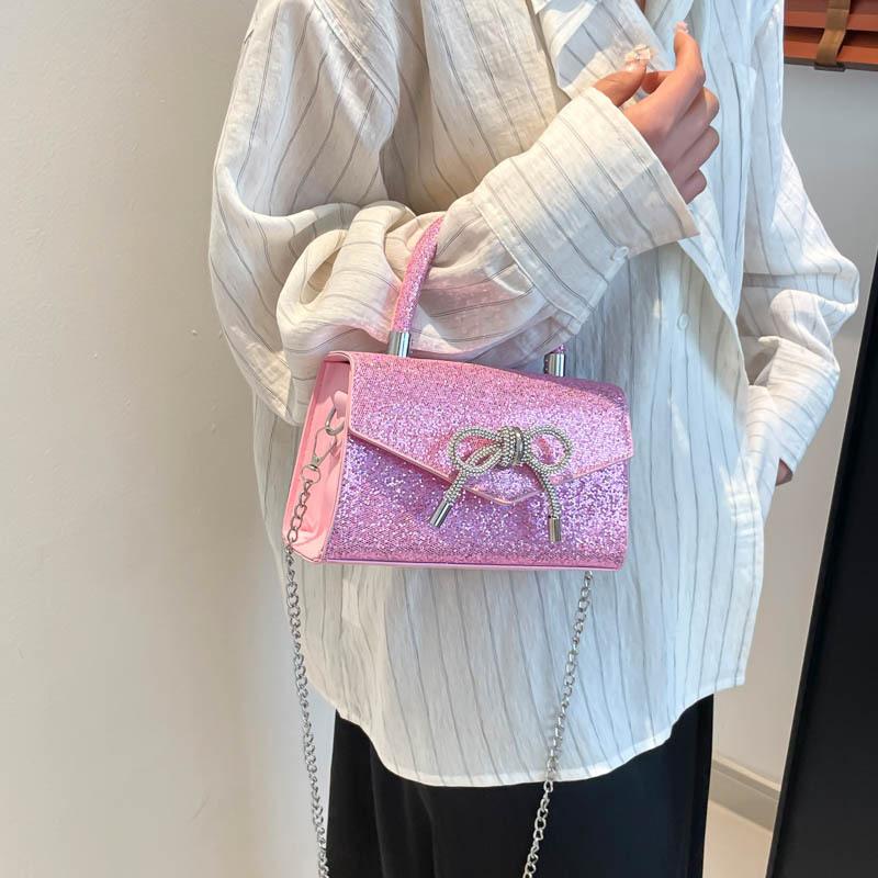 Fashion Sequins Handbag Small Square Bag Female Trend Bowknot Commuter Single Shoulder Crossbody Bag