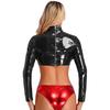 Women's Patent Leather Long Sleeve Crop Top Tee Shirts Party Club Clubwear