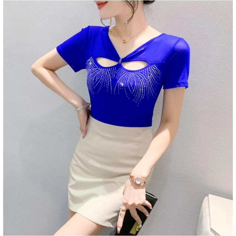 Nová letní móda Dámské síťované tričko Oblečení Šik Sexy Véčkový výstřih Vystřihované Diamantové trička Dámské Krátký rukáv Elastické Slim Top