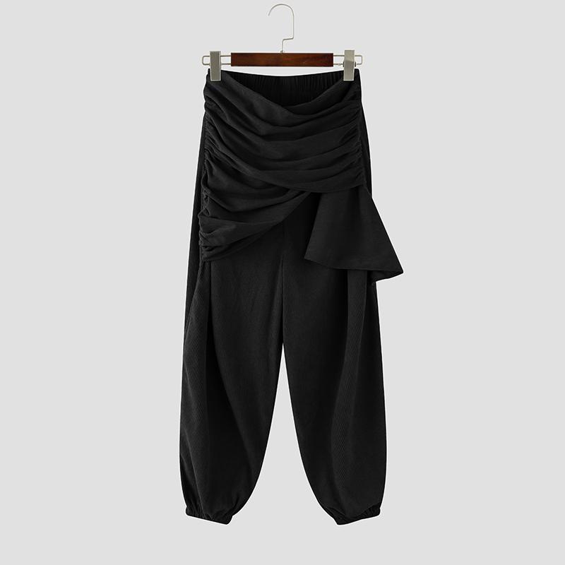 

INCERUN Men Casual Wrap Elastic Waist Texture Corduroy Long Drop-crotch Pants Harem Trousers S чёрный