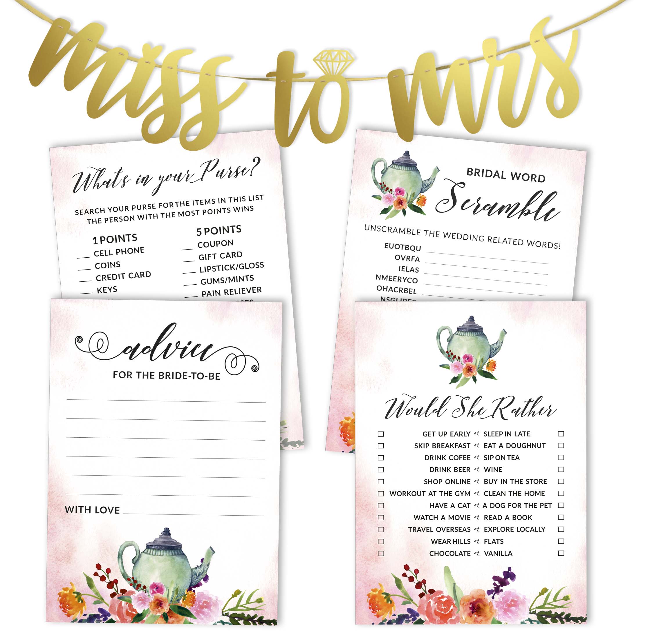 

Inkdotpot Набір ігор для дівич-вечірки з 4 штук(50 аркушів кожен) w Miss to Mrs Gold Banner Tea Party Веселі весільні ігри 5 x 7 Inches білий