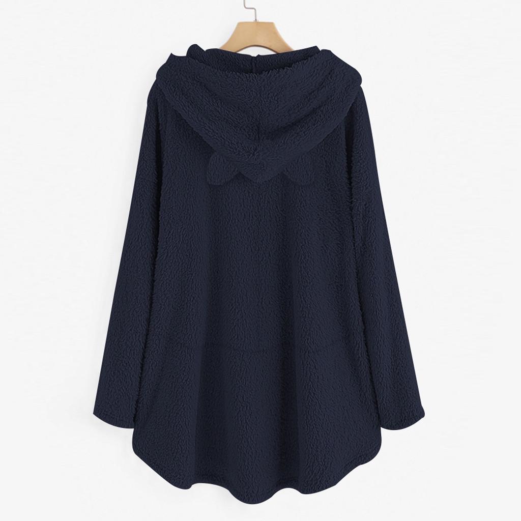 Kadın Polar Nakış Kedi Kulak Artı Boyutu Hoodie Cep Üst Kazak Bluz