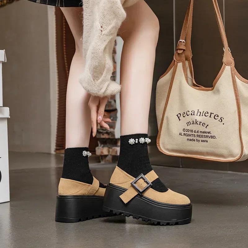 Fashion 8CM New Genuine Leather Designer Platform Wedge Round Toe Pumps Spring Summer Flats Hook Women Fashion Mary Jane Loafer Shoes
