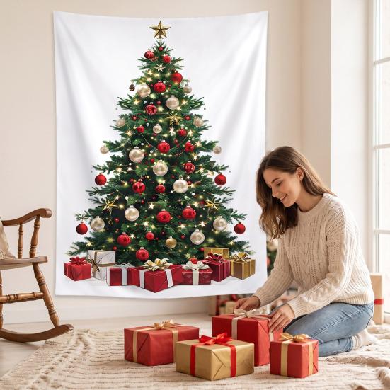 Festive Window Hanging Merry Christmas Tapestry, Wall Fabric Backdrop, Xmas Tree Winter Holiday Party Scene Decoration Art for Living Room,