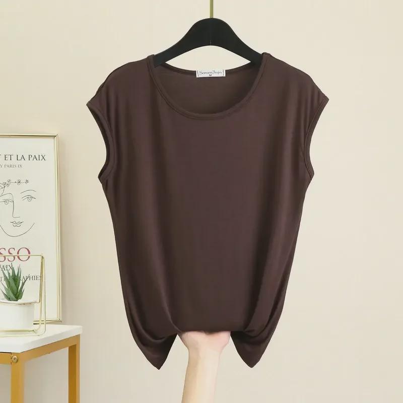 Women's Summer Loose Modal Sleeveless Round Neck Top - Solid Color, Large Size, Thin Home Vest