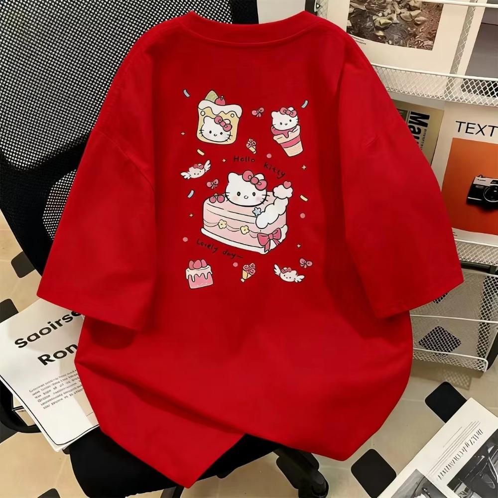 2026 Hello Kitty Short Sleeve for women,casual crew neck, cute cartoon print, Comfortable and loose-fitting