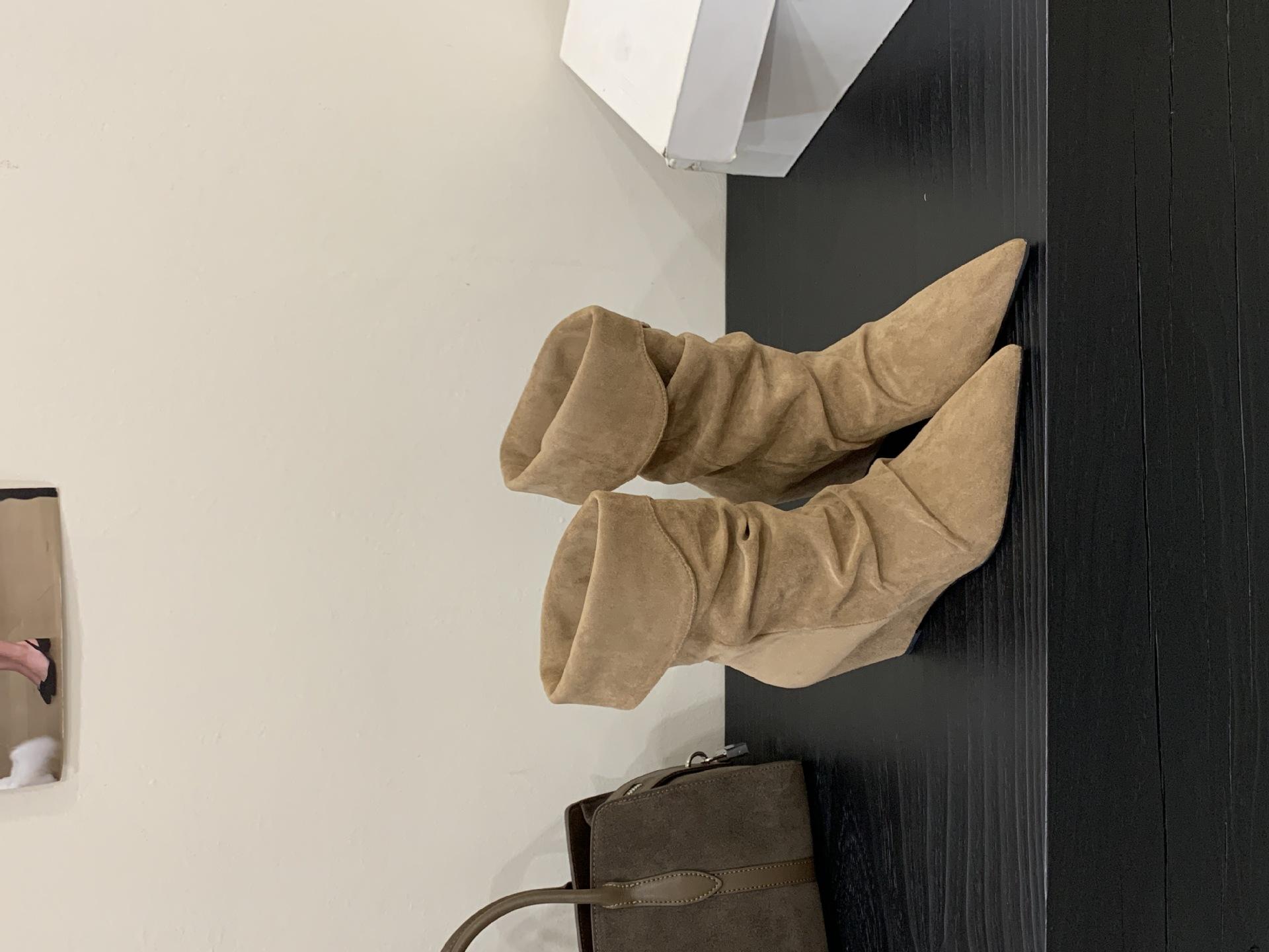 

2025 spring and autumn new models, pointed toe, heel, European and American fashion stacking boots, high-heeled short boots, wide tube and two-wear 39 абрикосовий