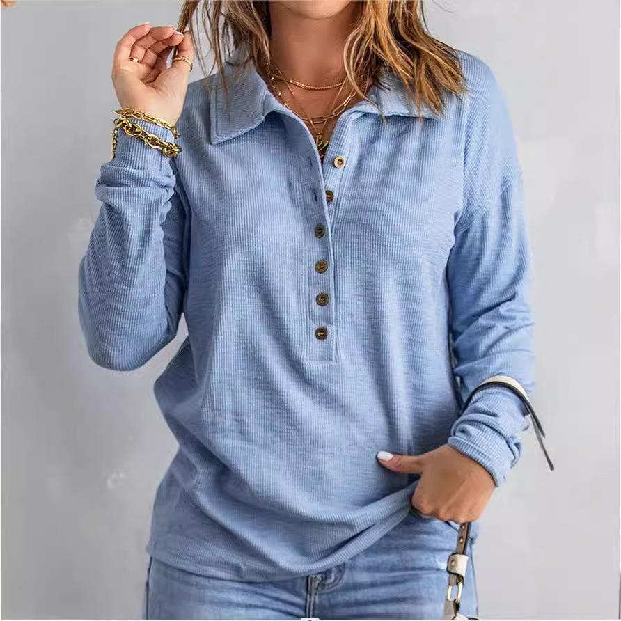 

Женская футболка с длинным рукавом, однобортная, на пуговицах, трикотажная блузка, свободный топ с эластичными лацканами, повседневная женская рубашка-пуловер 5XL светло-синий