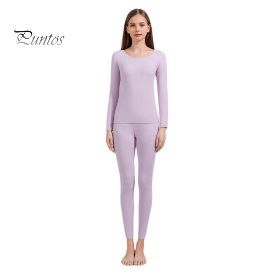 2 Pcs/Set Winter Women Thermal Underwear Set Round Neck Seamless Long Sleeve Warm Thick Double-sided Plush Slim Fit Elastic Lady Cold Weather Pajamas