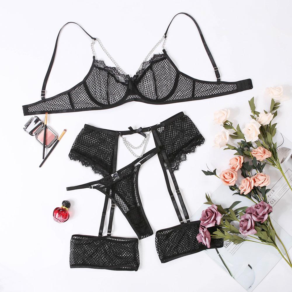 European & American Lace Mesh See-Through 4-Piece Lingerie Set for Women