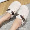 Mode 2025 Winter Warm Damen Flach mit Fellschuhen Mode Schnallenriemen Damen Pantoletten Fellhausschuhe Lässig Outdoor Indoor Weibliche Pantoletten