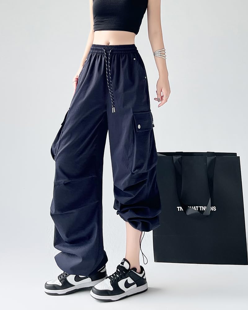 HIMATI Cargo Long Wide Leg Cargo Pants with Loose Hip Hop Stylish Bottoms Navy Size M Women's Pants, Pants, Pockets, Fit, Dance, - -