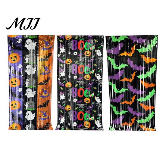 Festive Halloween Curtain Foil Fringe for Halloween, Orange Purple Black Background Photo Booth Backdrop Props, Pumpkin Ghost Bat Party Decoration