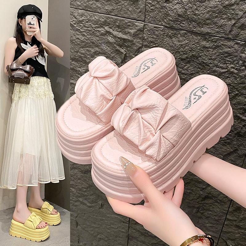 Fashion 8CM Summer Women Slippers New Pleated Thick Sole Dad Shoes Casual High Platform Slides Leisure Outside Flip-Flops Sneakers Woman