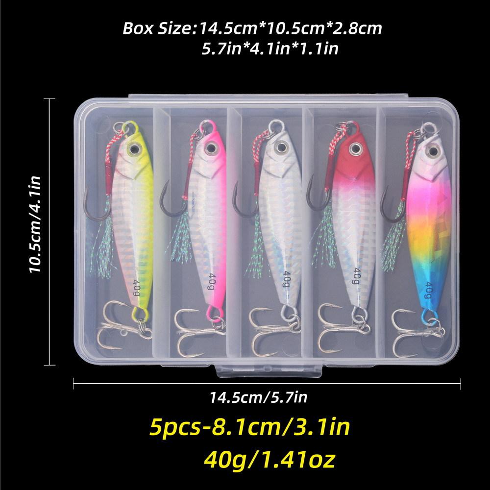 5 Pieces Boxed Artificial Hard Bait Lead Fish Jigs with Blood Groove Hooks for Bass & Trout Ocean Boat Fishing Slow Jigging