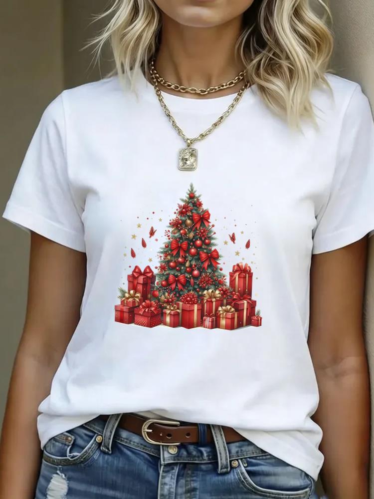 (Asian Size) Lovely Style Cute Merry Christmas Women's Top Short Sleeve T-shirts O-neck T Shirt Print Fashion Casual New Year Clothing Graphic Tee