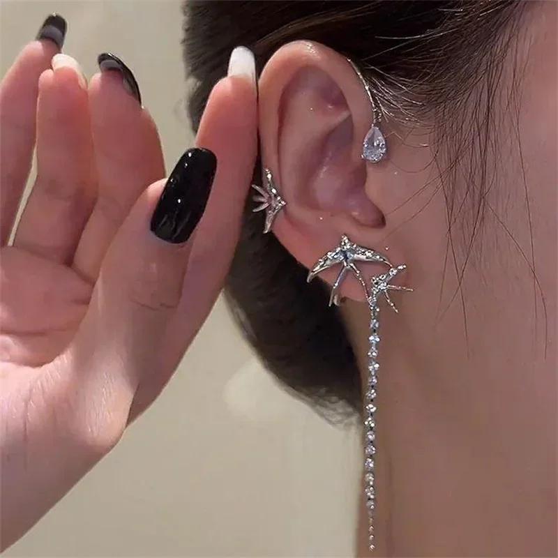 Vintage Classic Gold Silver Metal Butterfly Wings Swallow Earclip Exquisite Thornless Women's Shining Zircon Earrings Jewelry
