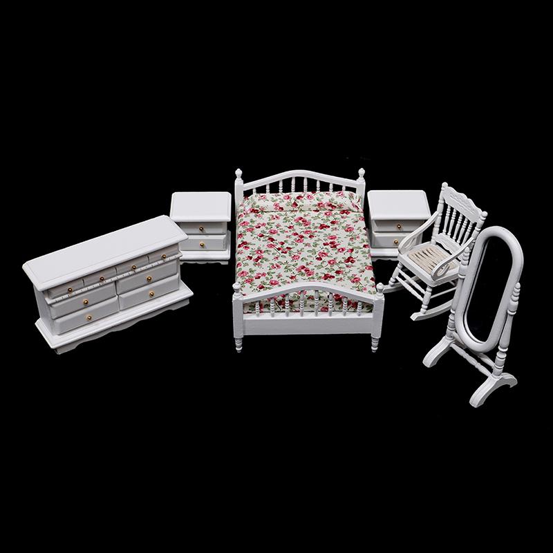 6Pcs 1:12 Dollhouse Miniature White Wooden Bedroom Furniture Set Doll House