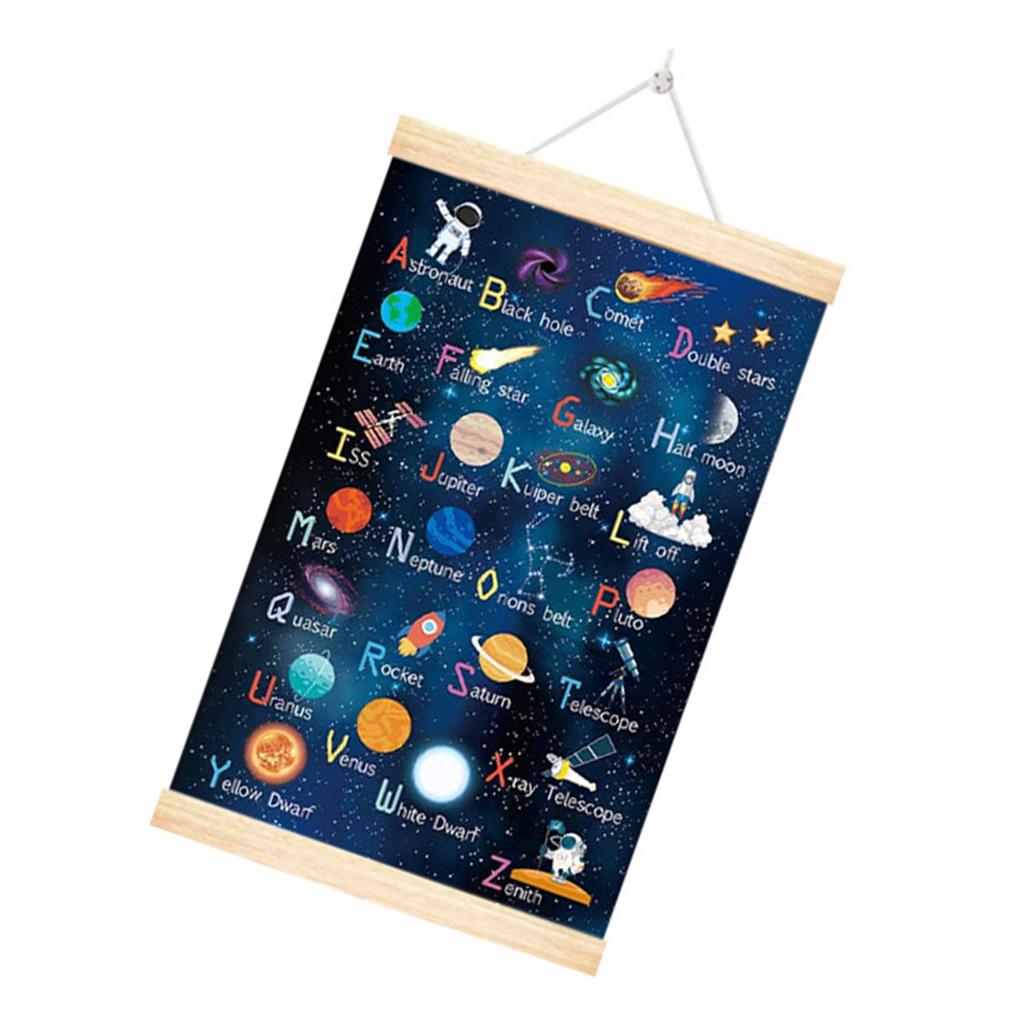Space Room Decors Planet Solar Alphabets System Poster with Wood Frame for Kids Room Nursery Classroom Wall Art Decors