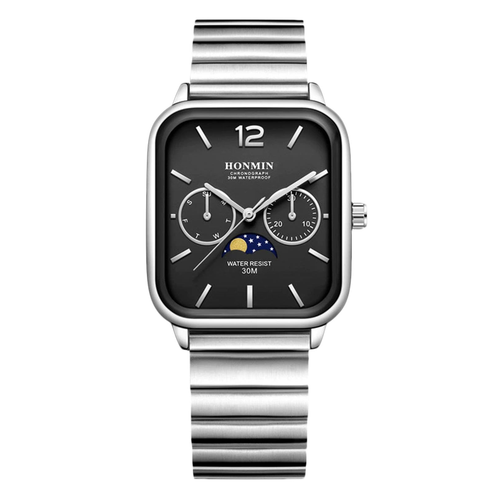 

RORIOS Мужские квадратные аналоговые часы с индикацией Солнца, Луны и Звезд, индикацией даты и дня недели, водонепроницаемые, многофункциональные часы с браслетом из нержавеющей стали,