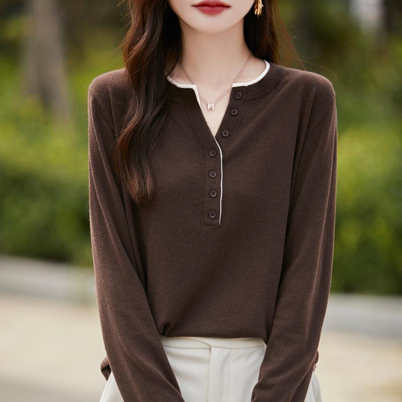 

Женский двухцветный свитер свободного кроя с V-образным вырезом, имитирующий двойку - Облегающий вязаный пуловер на осень/зиму Medium