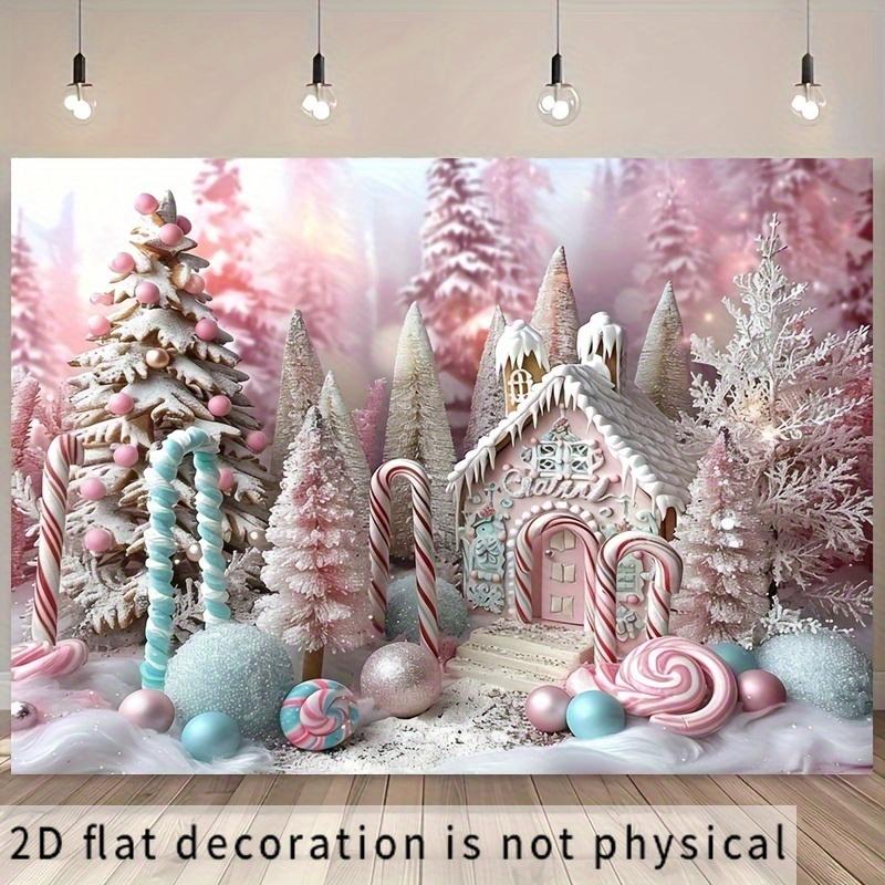 Frohe Weihnachten 2D-Flachbanner - Rosa Zuckerstange Schneewunderland Winterkulisse mit Lebkuchenhaus und Lutscher - Polyester