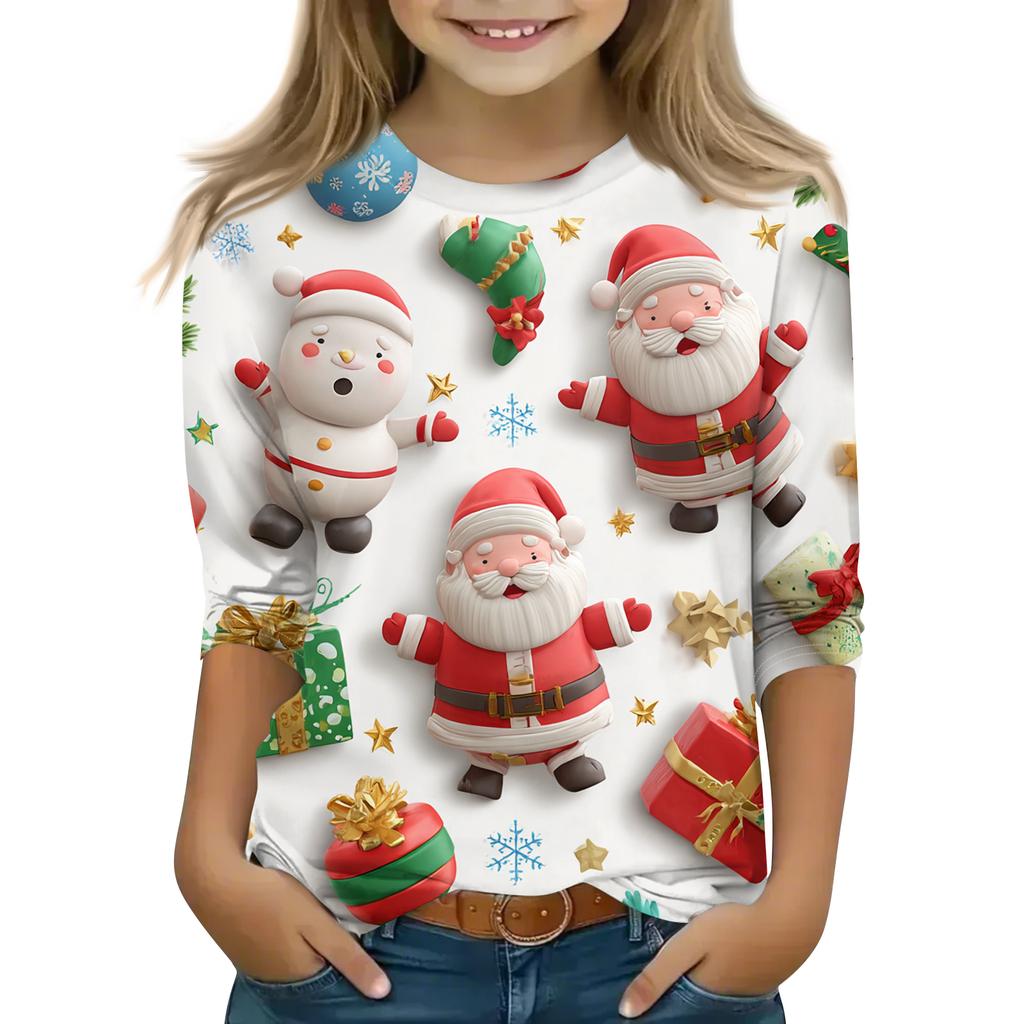 Children's 3/4 Sleeve Round Neck Top Christmas Tree Printed Everyday Casual Top