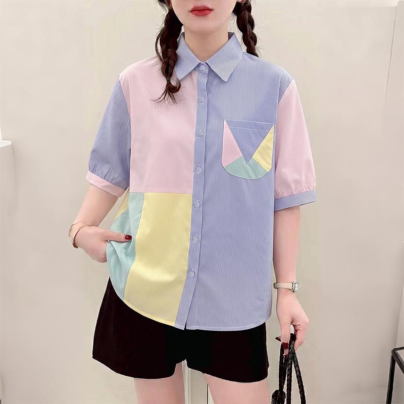 ZANZEA Womens Turn Down Collar Short Sleeve Patchwork Stripe Blouse M синий