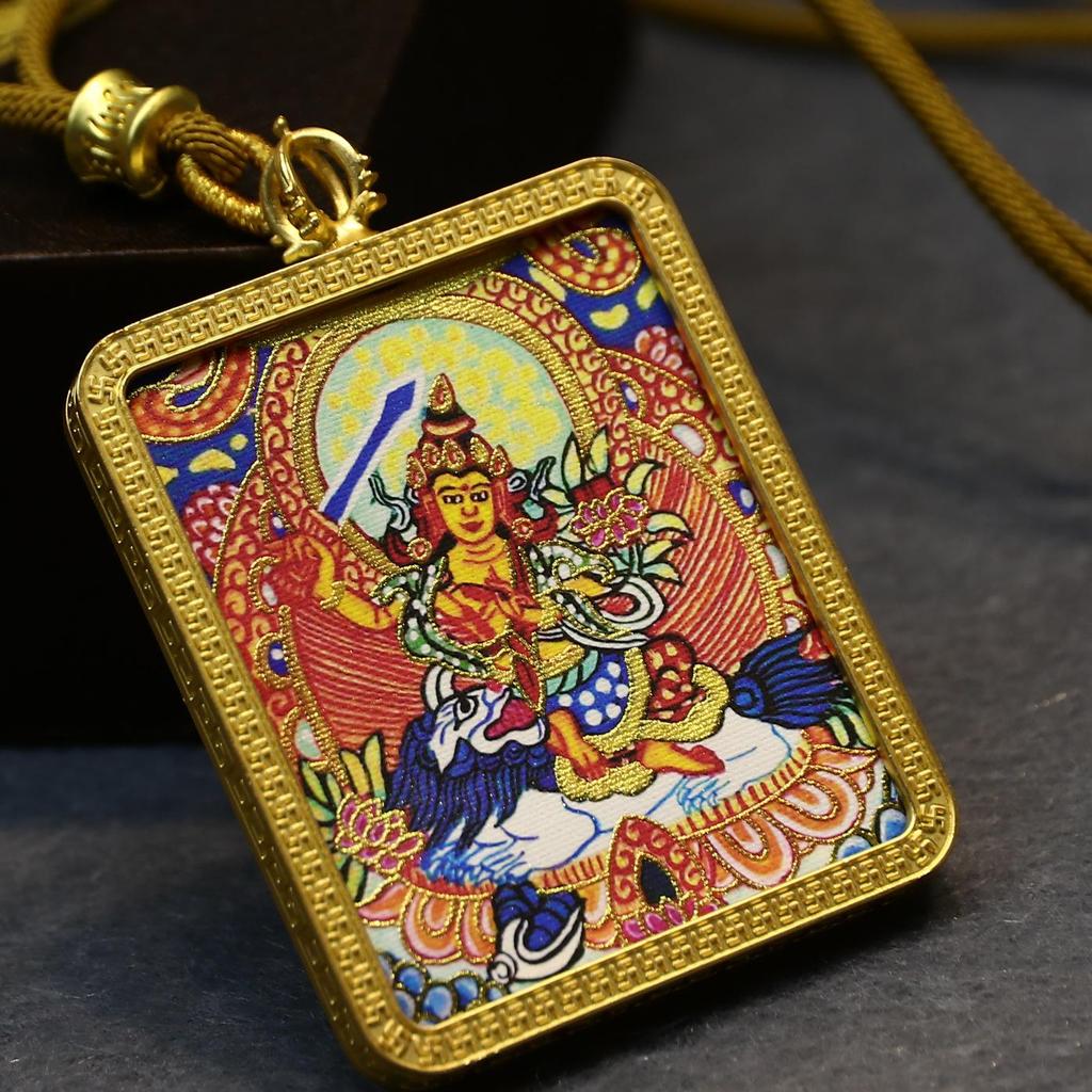 Gold-Painted Tibetan Thangka Pendant with Eight Guardian Deities in Zhakiram Mahakala Gau Design