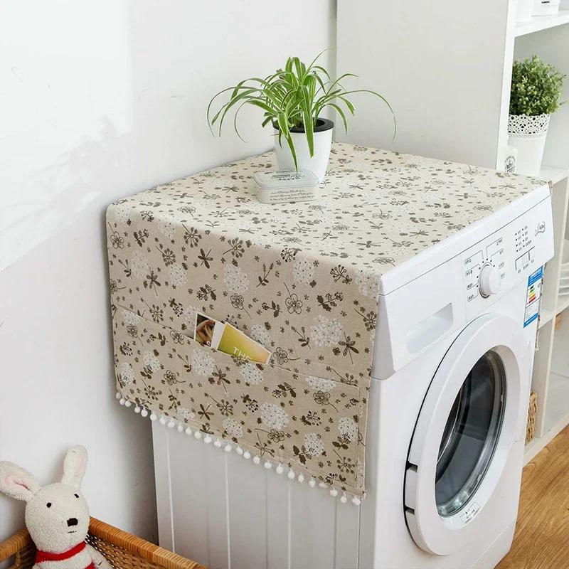Drum Washing Machine Cover Dustproof Refrigerator Microwave Oven Cover with Pocket Protector Printing Cotton Household Dustcover