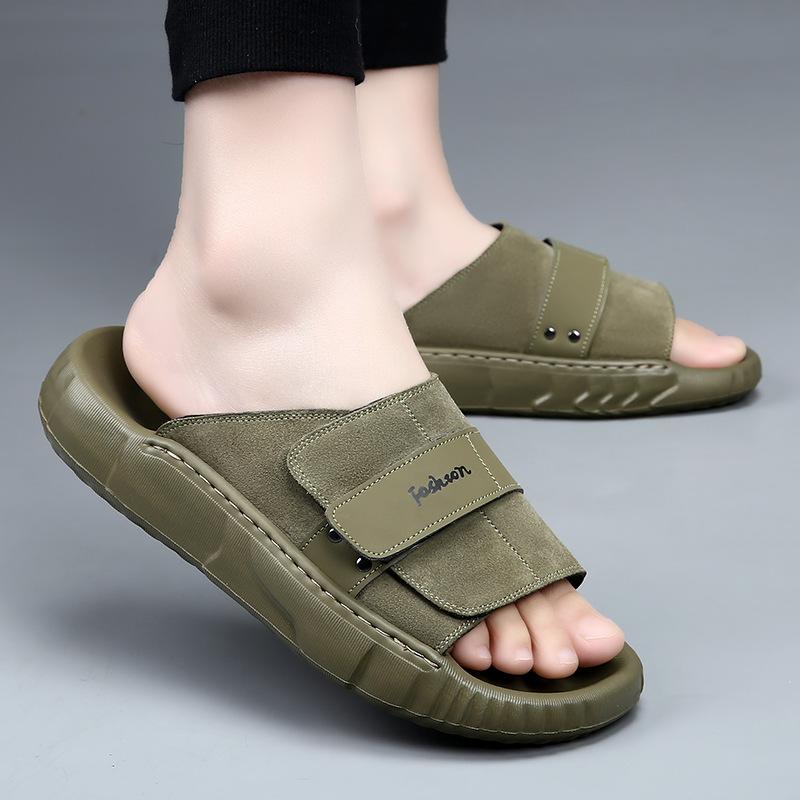 

Новые летние тапочки мужские для улицы из первого слоя коровьей кожи, тапочки на одно слово, мужские из натуральной кожи, нескользящие и износостойкие, на толстой подошве, трендовые сандалии 44