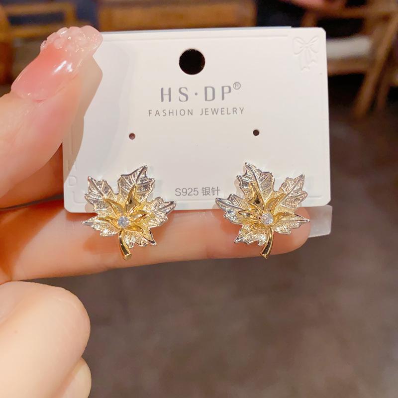 Women Fashion Minimalist Color Block Maple Leaf Metal Stud Earrings