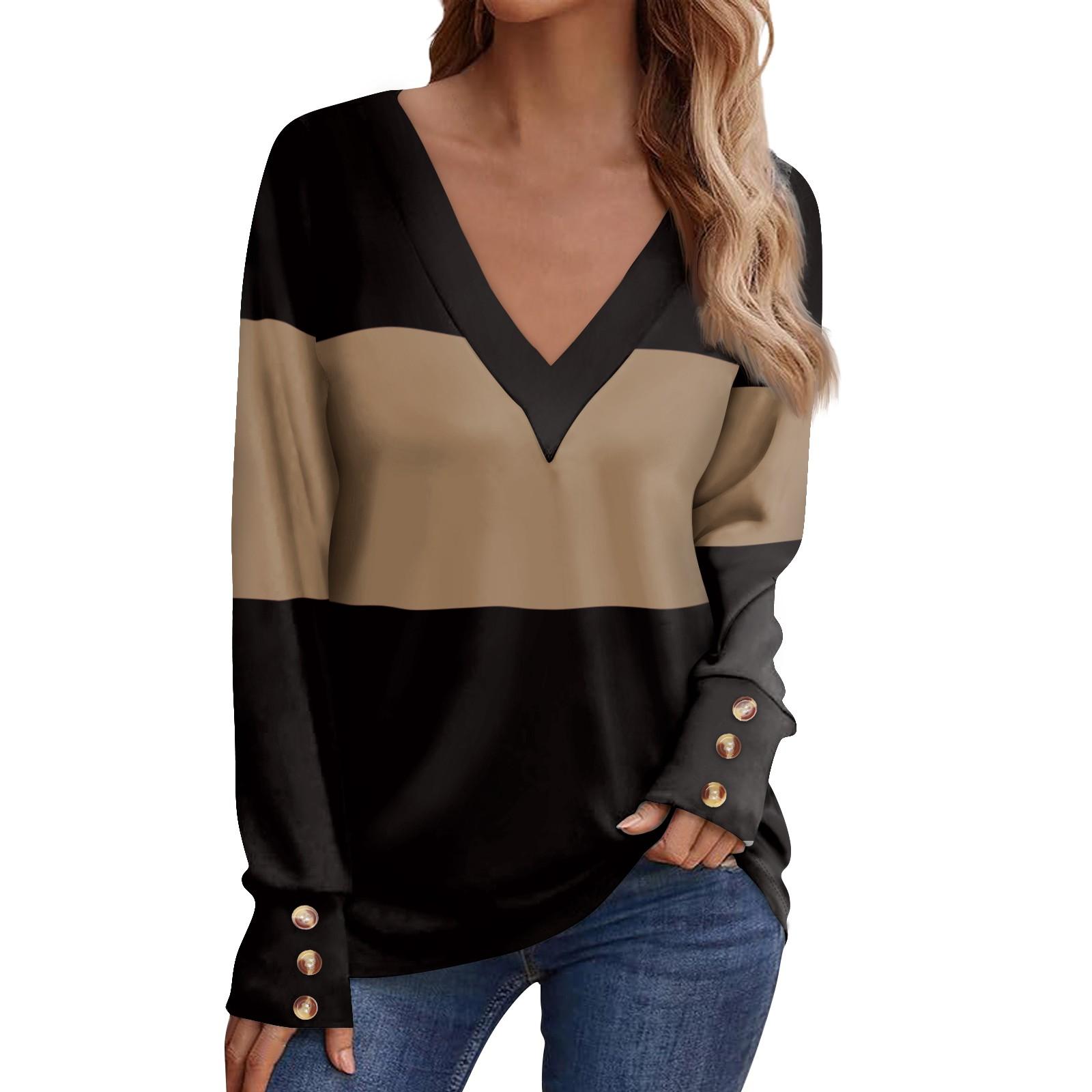 

Женская повседневная футболка с длинными рукавами и v-образным вырезом с принтом и декоративными пуговицами, топ XXL чёрный