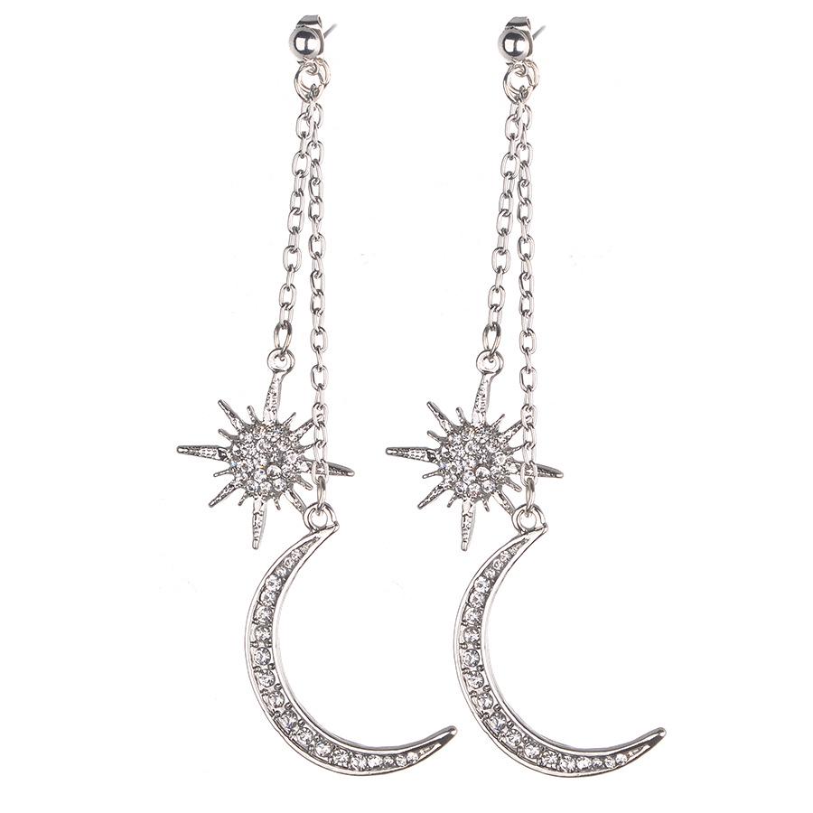 European-American Rhinestone Crystal Tassel Sun & Moon Stud Earrings
