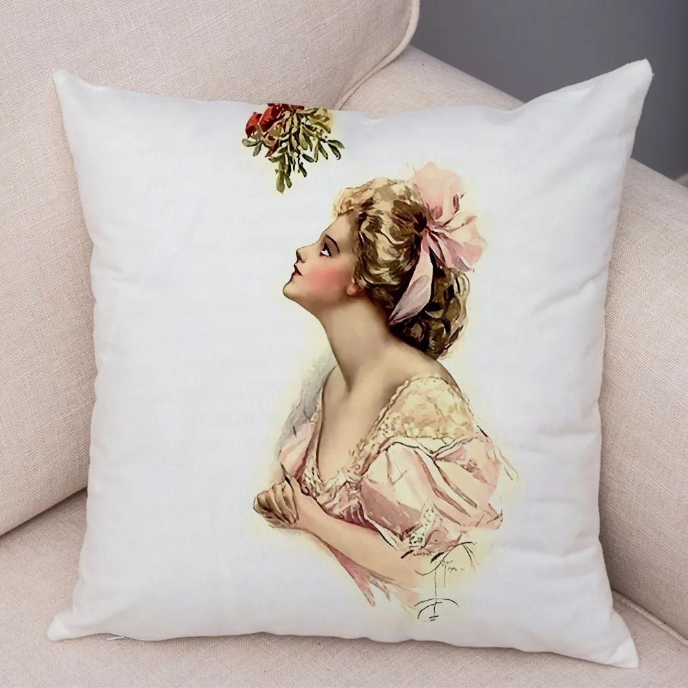 European Lady Cushion Cover Decor Vintage Style Elegant Women Print Pillowcase for Sofa Home Car Soft Plush Pillow Case 45x45cm