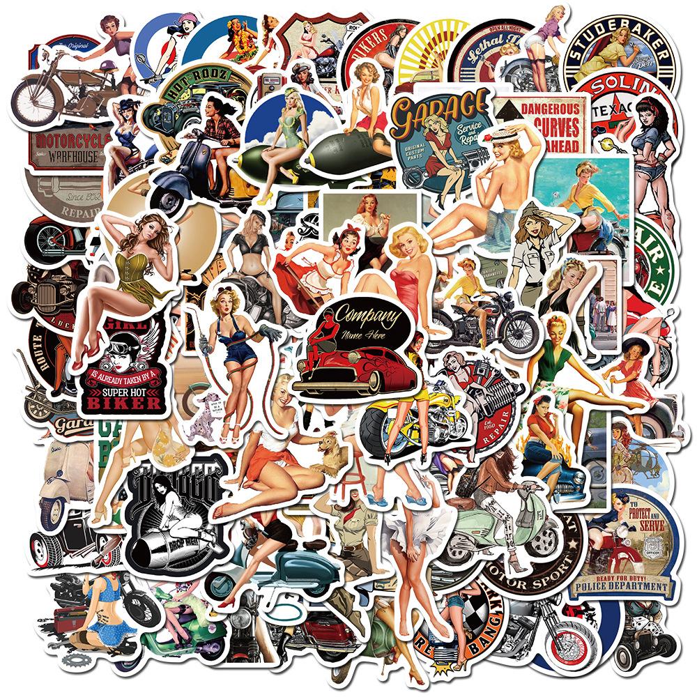 100 Motorcycle Retro Girl Doodle Stickers Mobile Phone Case Skateboard Suitcase Super Waterproof Stickers