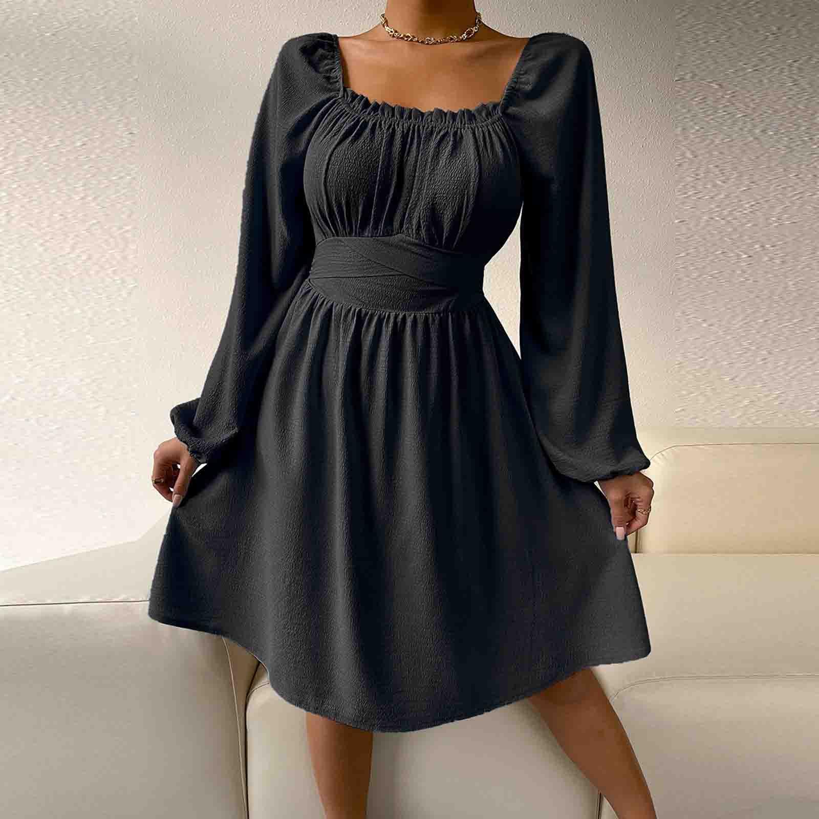 Women s Fashion Colour Square Neck Long Sleeve High Waist Dress S чёрный