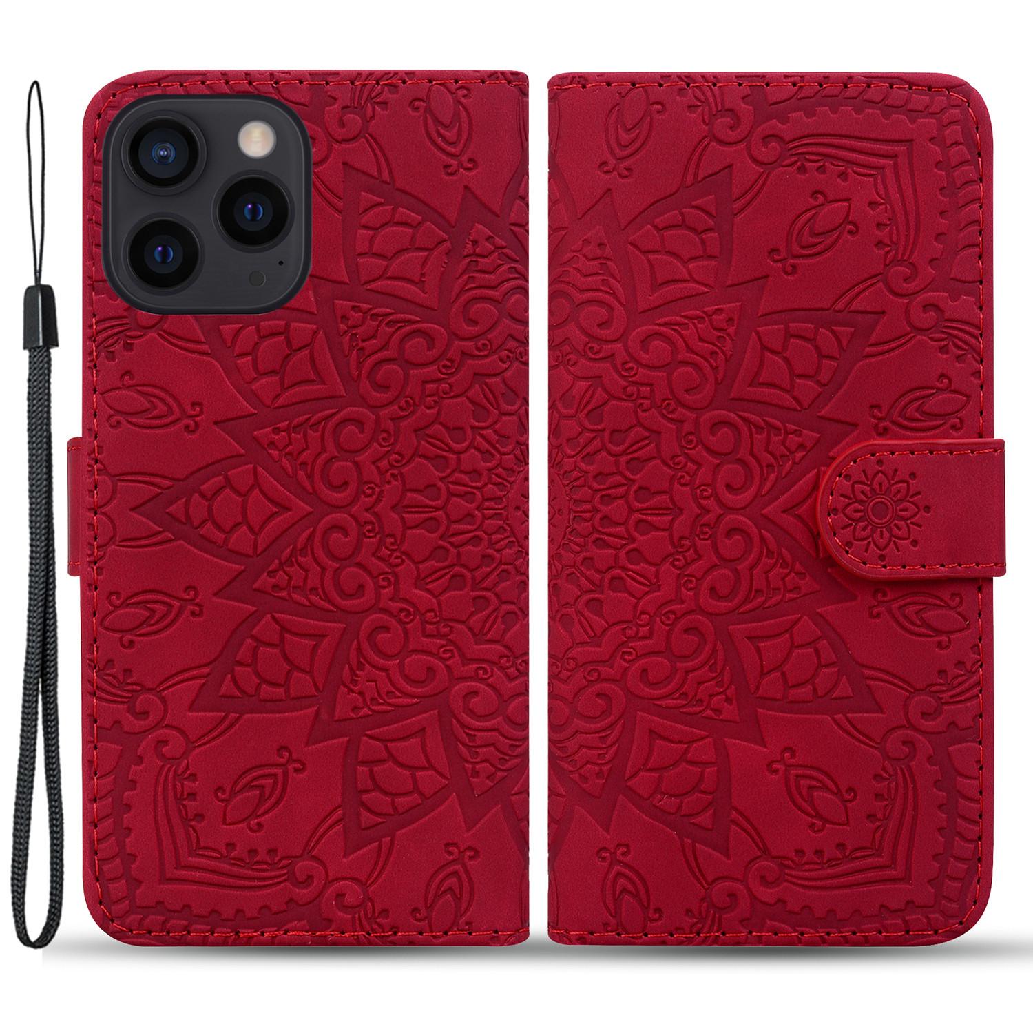 

For iPhone 15 Pro Max Dustproof Flower Imprint Phone Cover Calf Texture Stand Wallet Leather Case Red