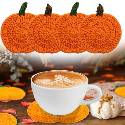 Halloween Crochet Pumpkin Coasters Autumn Thanksgiving Fabric Handmade Cup Mat Halloween Table Decor Fall Farmhouse Decoration