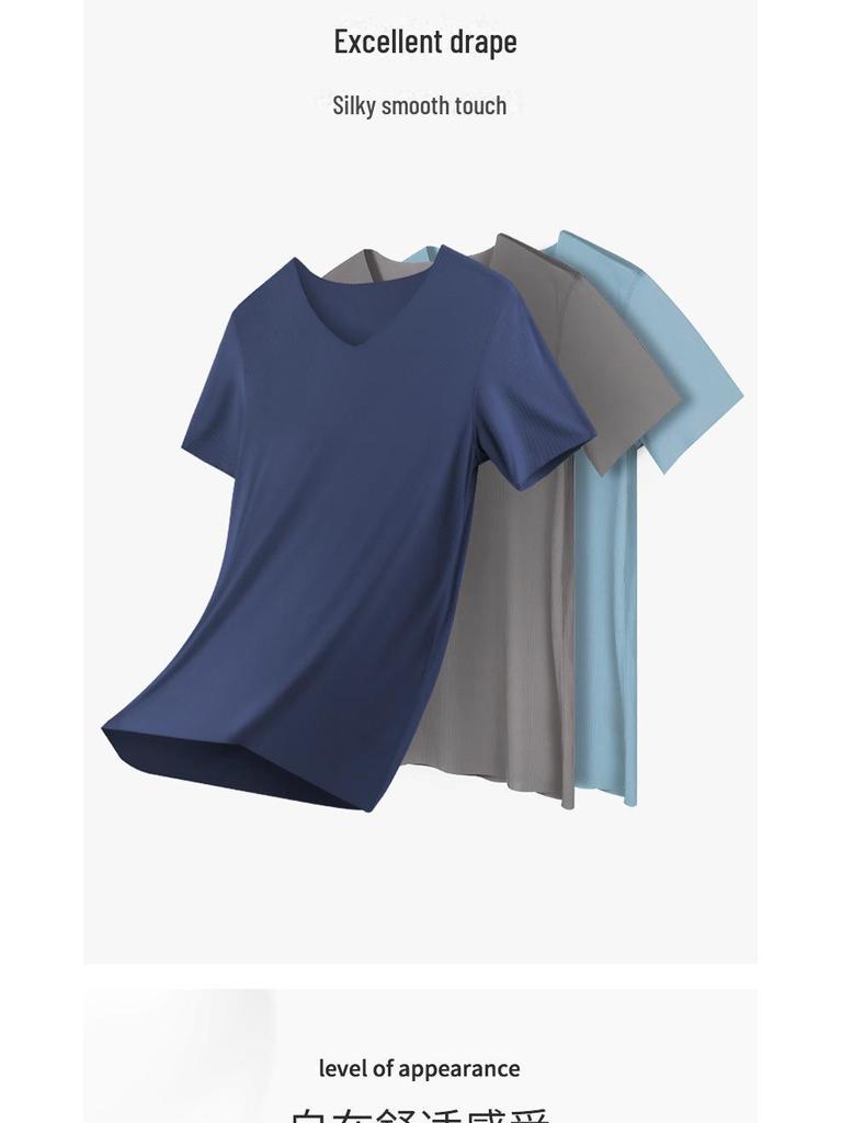 Men's Summer Ice Silk V-Neck T-Shirt – Short Sleeve, Solid Color, Slim Fit