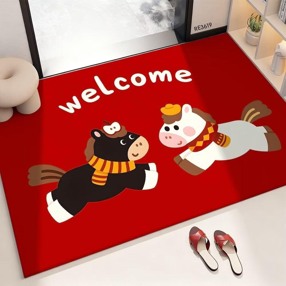 New Horse Pattern New Year Door Mat Red Bath Mat Non-slip Water Absorption Foot Mat Home Decorations