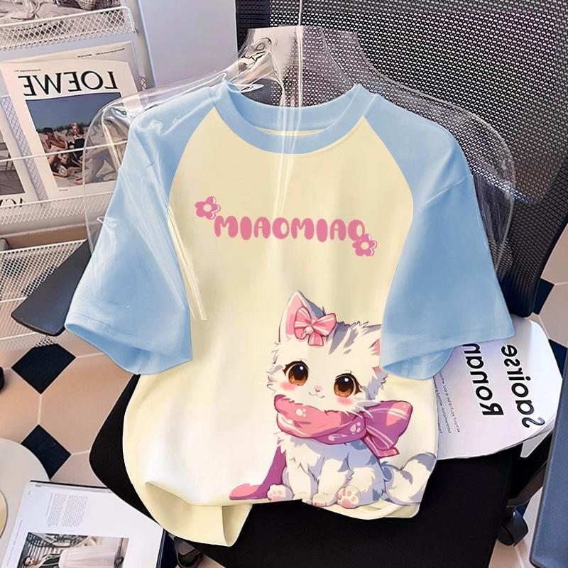 T-shirt Stampata con Grafica di Gatto Cartone Animato per Ragazza Estiva Casual da Donna per Bambini a Maniche Corte Abbigliamento
