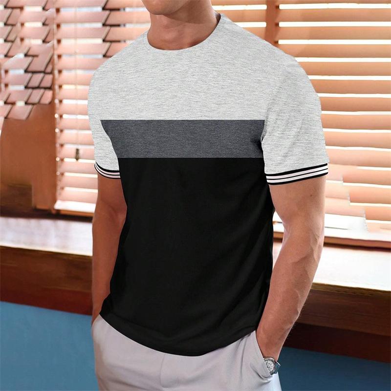 Men's Simple and Fashionable Striped T-shirt Summer Casual Short Sleeved 3D Printed T-shirt Loose Round Neck Breathable Pullover