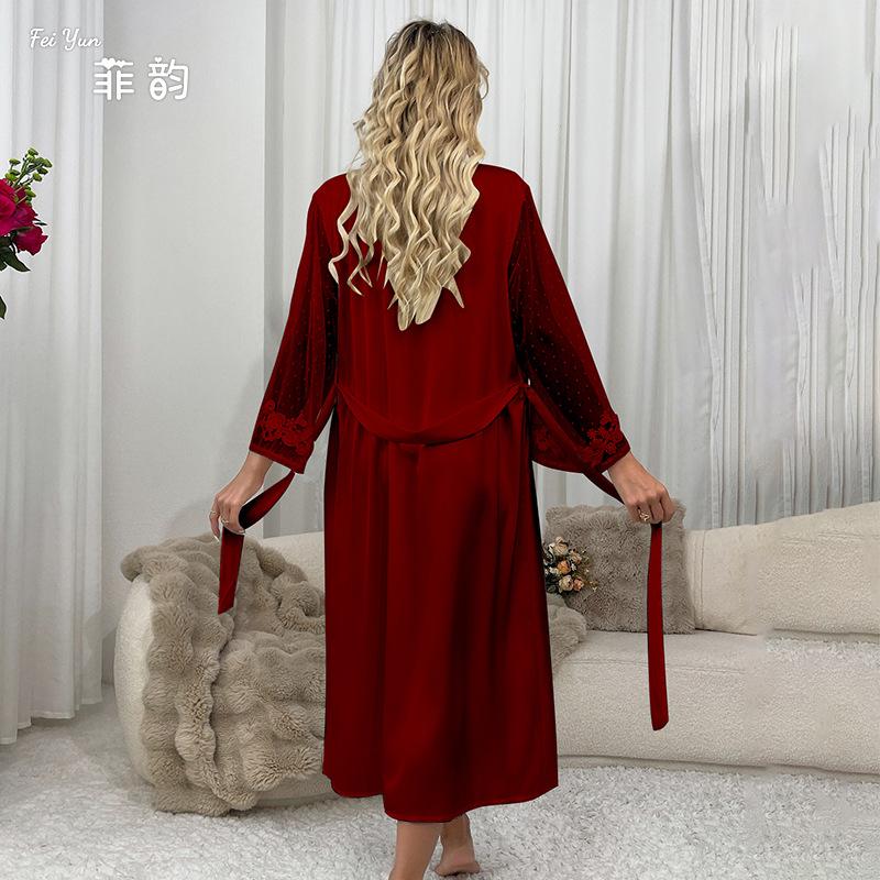 Sexy saténové pyžamo z umělého hedvábí na jaro/léto, svatební noční košile s krajkou, prodloužený ranní župan