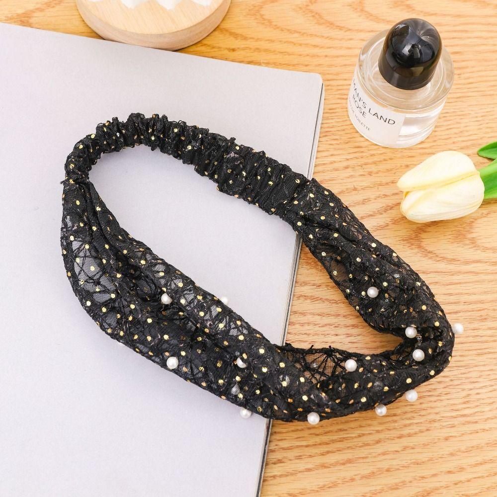 

Elastic Turban Headwear Pearl Lace Headband Wash Face Cover White Hair Band Fashion Stretch Women Headwrap for Dance Biker чёрный