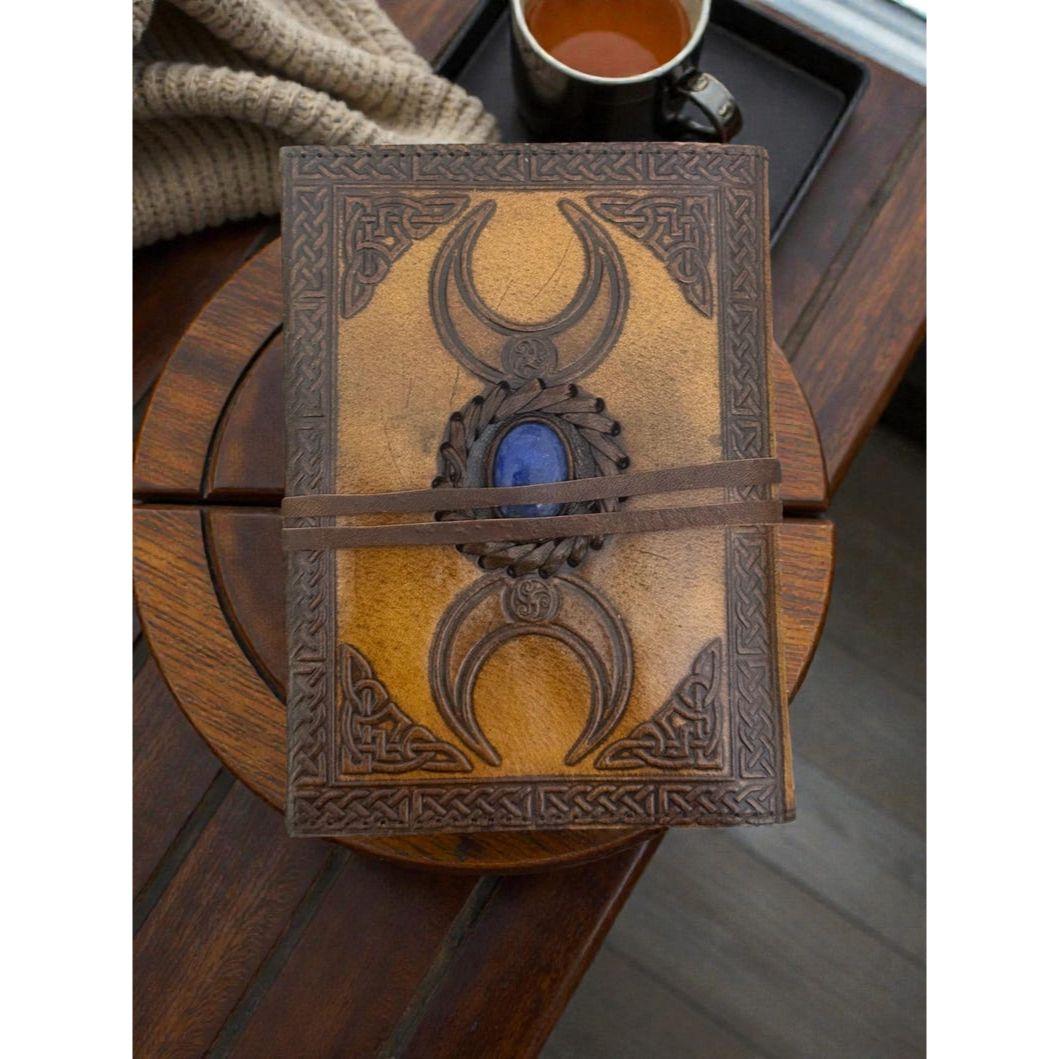 Handmade Triple Moon Leather Journal with Lapis Blue Stone Book of Shadows Lined Notebook Customized Spiritual Gift for Her 7 x 5 inch / 100 Page